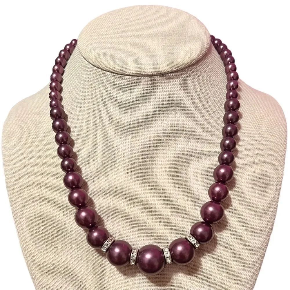 Maroon Color Pearl Rhinestone Silver Tone Necklace